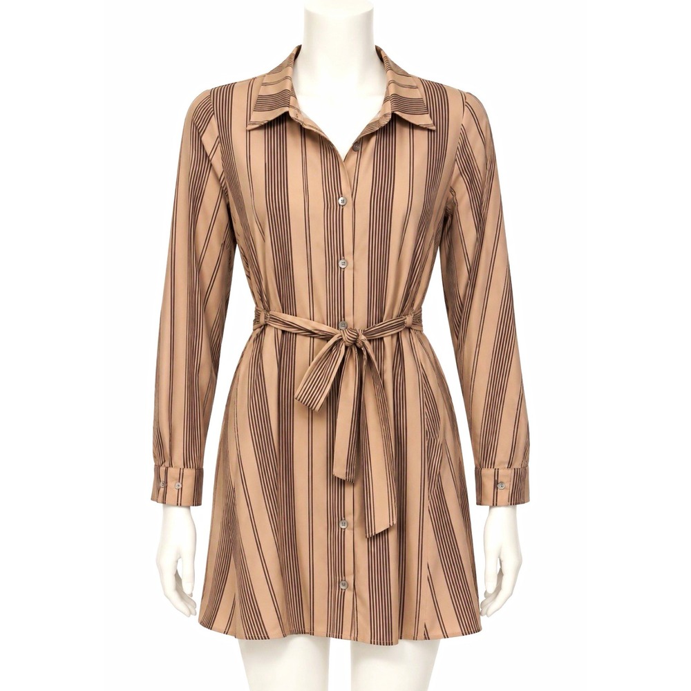 GILLI Women's Striped Button-Front Belted Collared Shirt Dress Beige Brown S